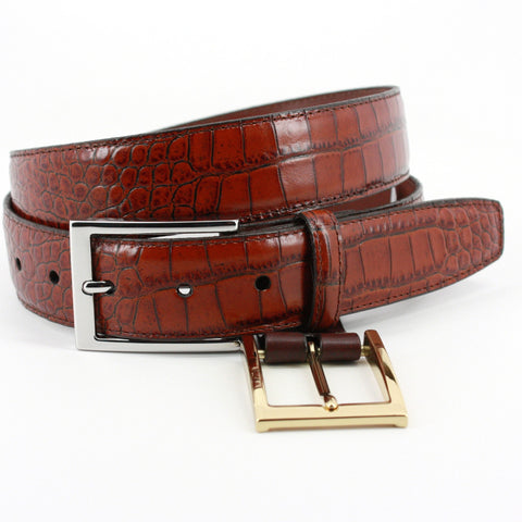 Saddle/Navy Two Tone Italian Herringbone Stretch Leather Belt, Torino  Leather Belts Collection