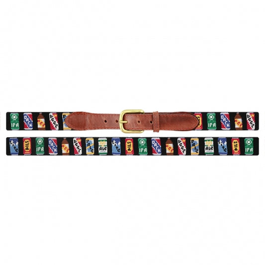 Beer Cans Needlepoint Belt on Black by Smathers & Branson