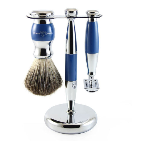 3 Piece Shaving Set (DE) in Blue & Chrome by Edwin Jagger