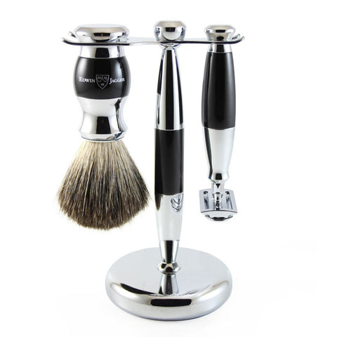 3 Piece Shaving Set (DE) in Black & Chrome by Edwin Jagger