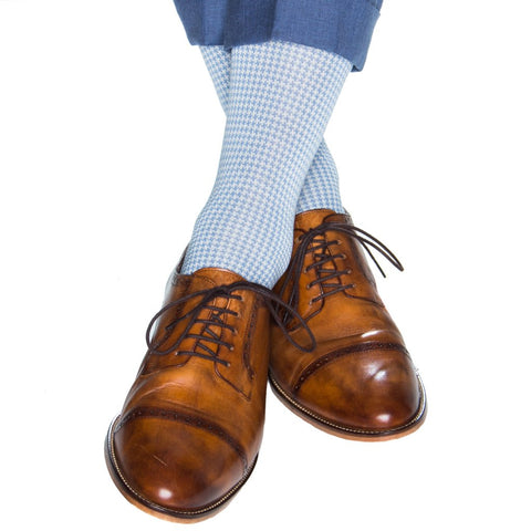 Azure Blue With Cream Houndstooth Mid Calf Socks by Dapper Classics