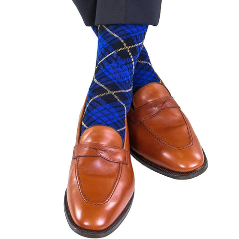 Clematis Blue With Navy and Yolk Tartan Mid Calf Socks by Dapper Classics