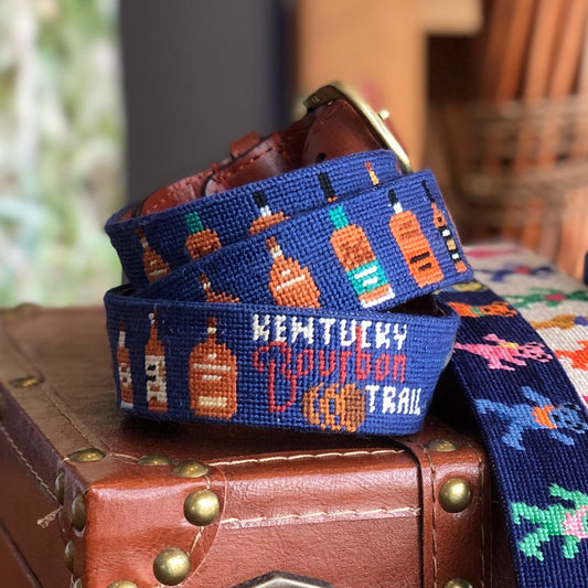 Kentucky Bourbon Trail Bottles Needlepoint Belt on Blue by Smathers & Branson