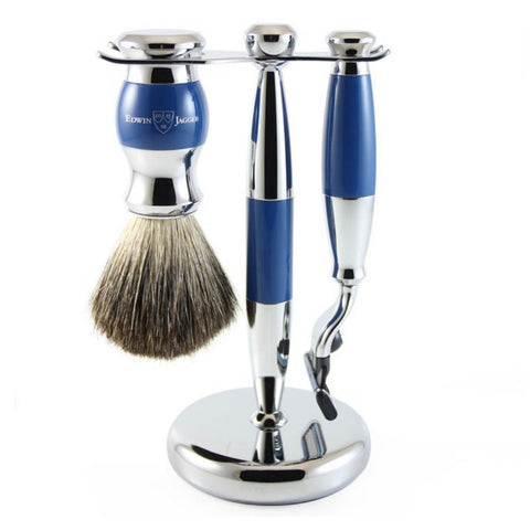3 Piece Shaving Set (Gillett Mach3) in Blue & Chrome by Edwin Jagger