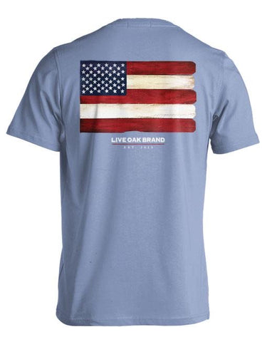 Wooden Flag Short Sleeve Tee in Washed Denim by Live Oak Brand