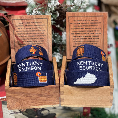 Kentucky Bourbon Life Needlepoint Belt on Blue by Smathers & Branson
