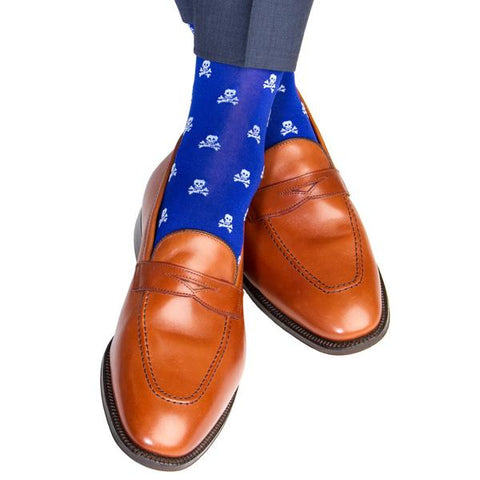 Clematis Blue With Sky Blue Skull and Crossbones Mid-Calf Socks by Dapper Classics