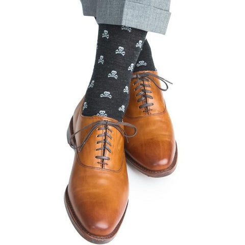 Charcoal With Ash Skull and Crossbones Mid-Calf Wool Socks by Dapper Classics