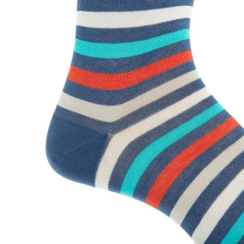 Indigo Blue, Cream, Ceramic, Tigerlily Orange, and Tan Quad Stripe Mid-Calf Socks by Dapper Classics
